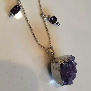 STERLING SILVER NECKLACE MEDAL RAW AMETHYST PENDANT CHAIN PURPLE